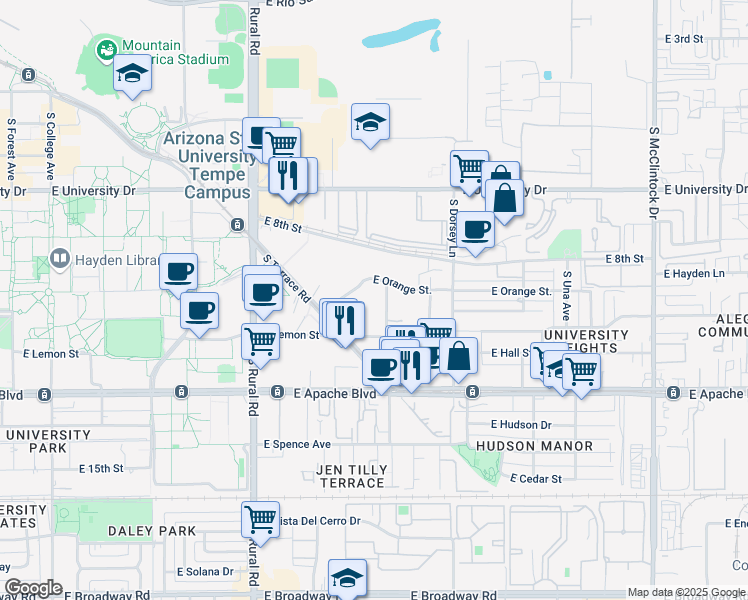 map of restaurants, bars, coffee shops, grocery stores, and more near 1050 South Stanley Place in Tempe