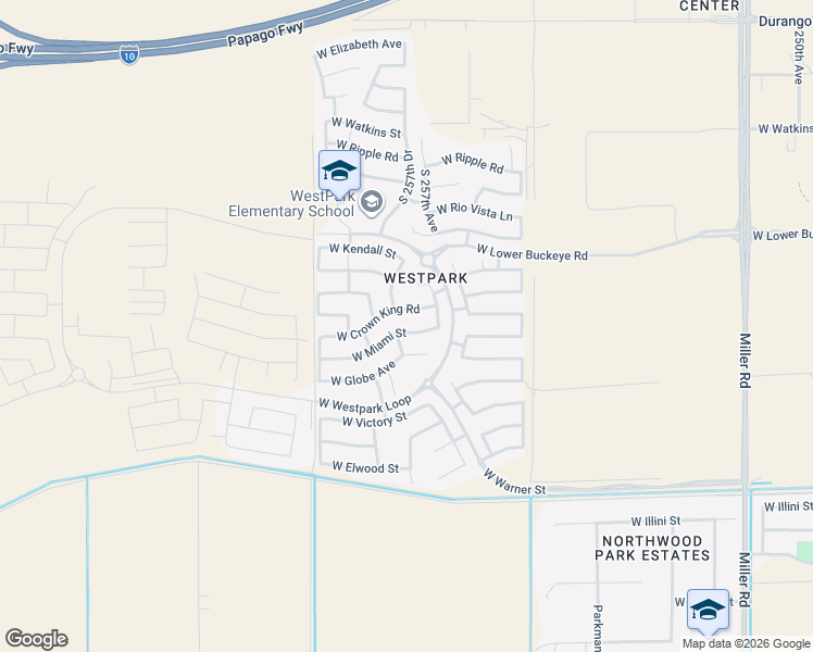 map of restaurants, bars, coffee shops, grocery stores, and more near 25720 West Miami Street in Buckeye