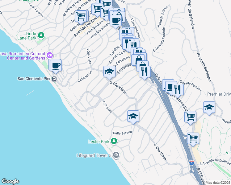 map of restaurants, bars, coffee shops, grocery stores, and more near 209 West Paseo De Cristobal in San Clemente