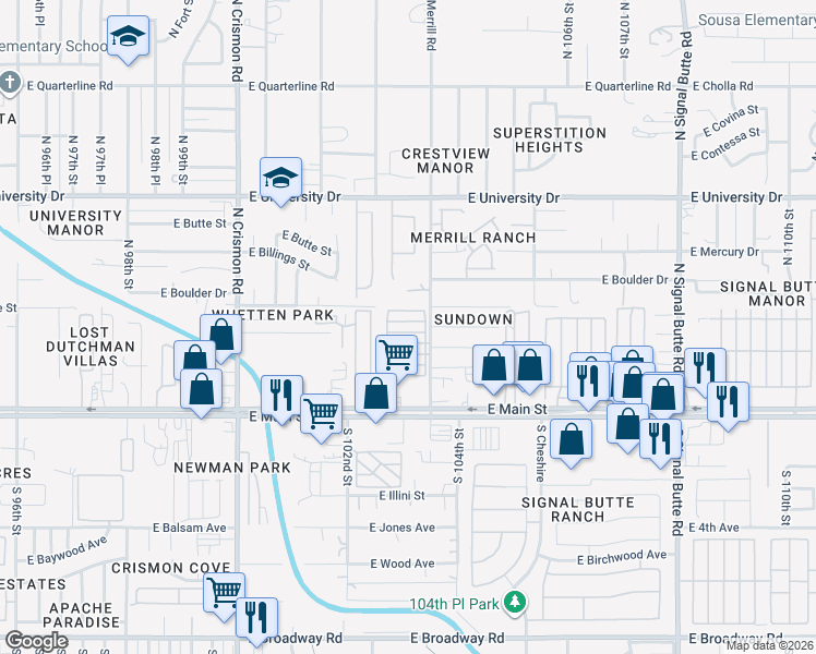 map of restaurants, bars, coffee shops, grocery stores, and more near 146 North Merrill Road in Apache Junction