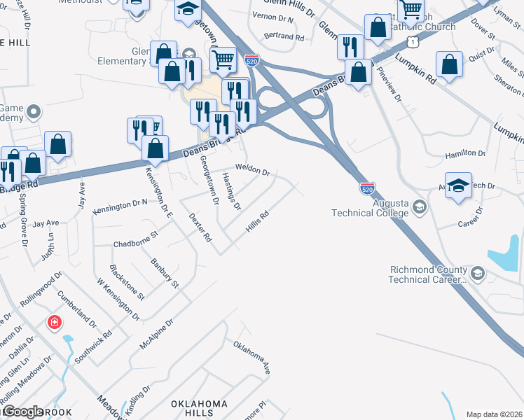 map of restaurants, bars, coffee shops, grocery stores, and more near 3312 Blanchard Road in Augusta