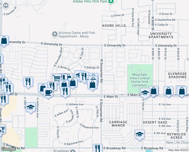 map of restaurants, bars, coffee shops, grocery stores, and more near 130 North Sossaman Road in Mesa