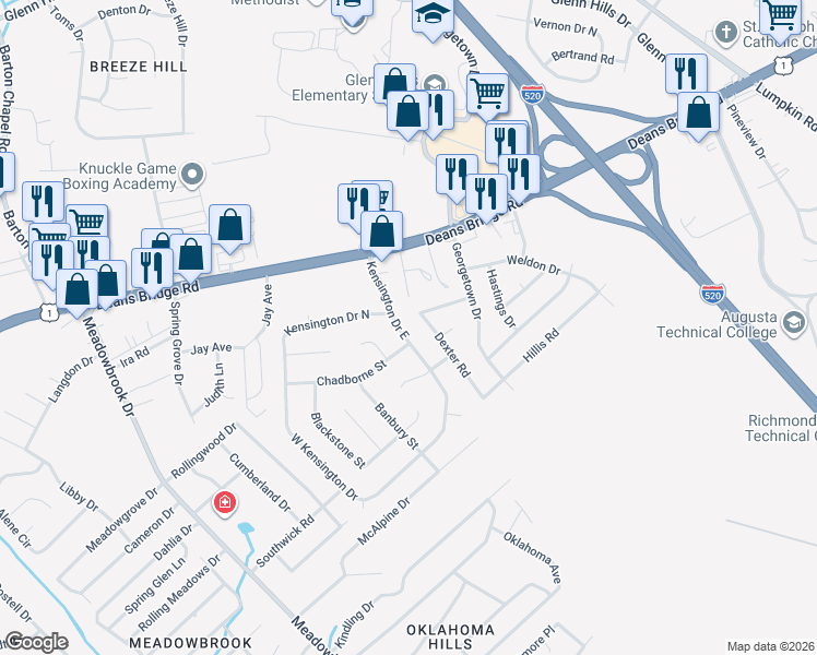 map of restaurants, bars, coffee shops, grocery stores, and more near 2520 Kensington Drive East in Augusta