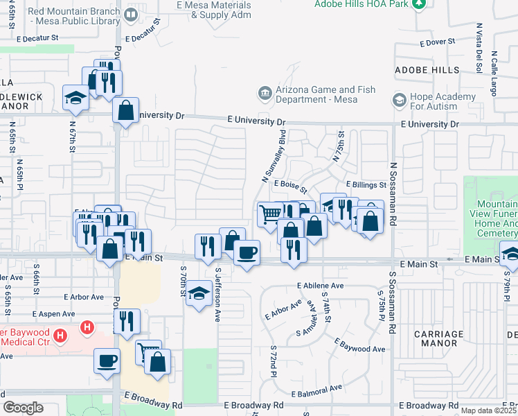 map of restaurants, bars, coffee shops, grocery stores, and more near 125 North Sunvalley Boulevard in Mesa