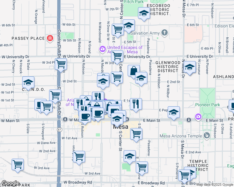 map of restaurants, bars, coffee shops, grocery stores, and more near 120 North Center Street in Mesa