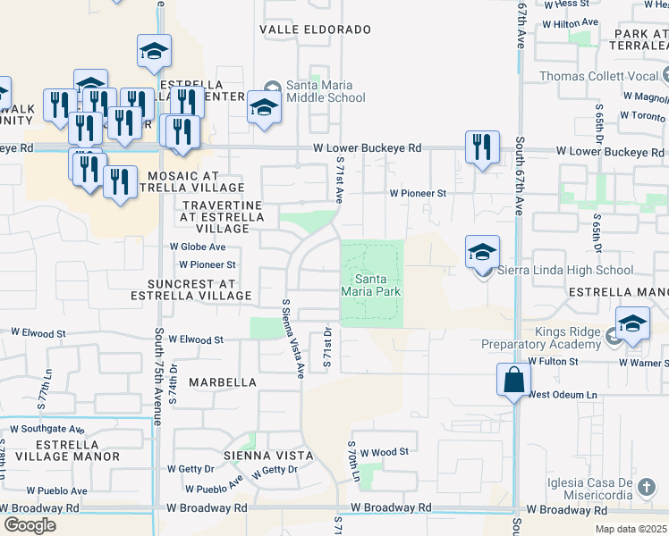 map of restaurants, bars, coffee shops, grocery stores, and more near 7124 West Pioneer Street in Phoenix