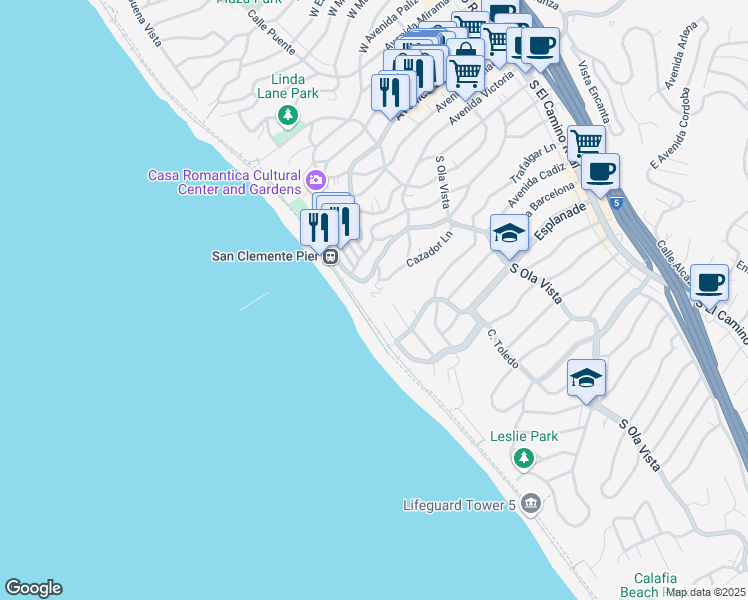 map of restaurants, bars, coffee shops, grocery stores, and more near 408 Pasadena Court in San Clemente