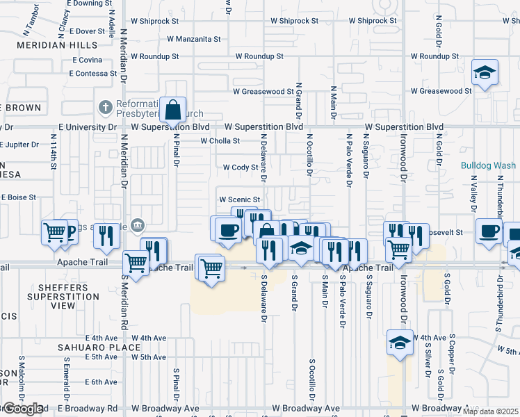 map of restaurants, bars, coffee shops, grocery stores, and more near 2493 West Scenic Street in Apache Junction