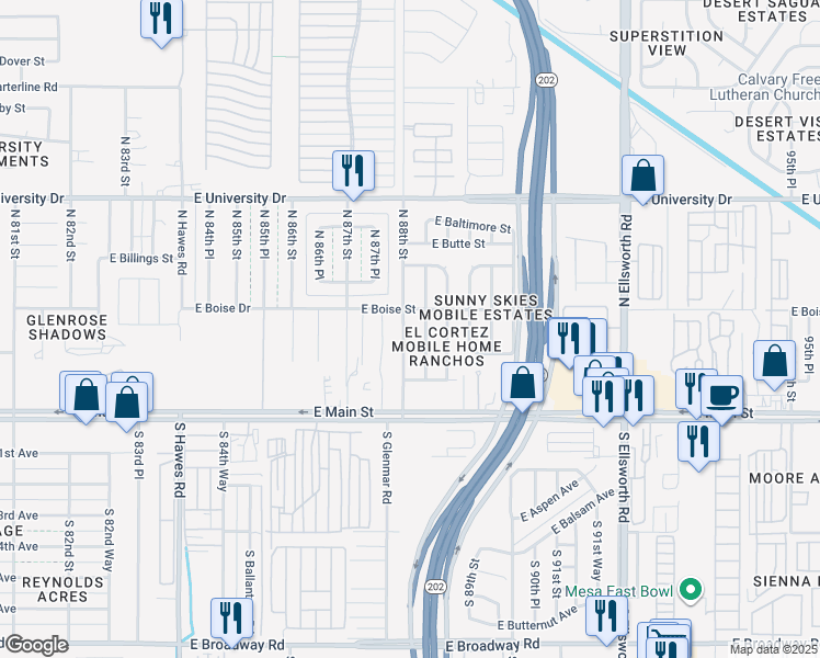 map of restaurants, bars, coffee shops, grocery stores, and more near 155 North 88th Place in Mesa