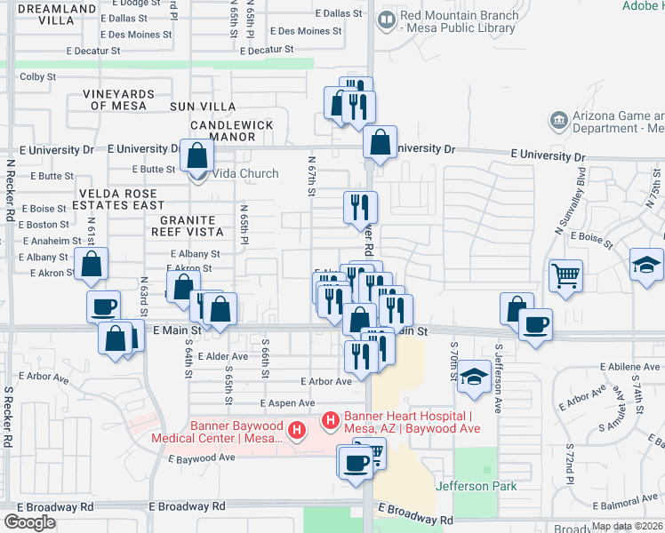 map of restaurants, bars, coffee shops, grocery stores, and more near 135 North 67th Street in Mesa