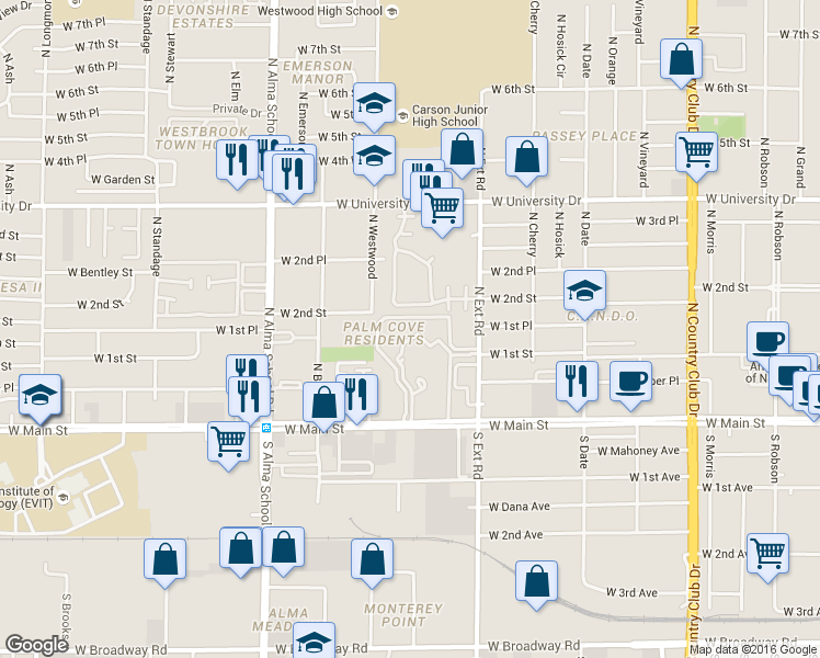 map of restaurants, bars, coffee shops, grocery stores, and more near Eperney Apartments in Mesa