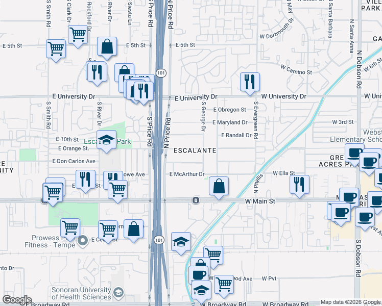 map of restaurants, bars, coffee shops, grocery stores, and more near 2334 East Victory Drive in Tempe