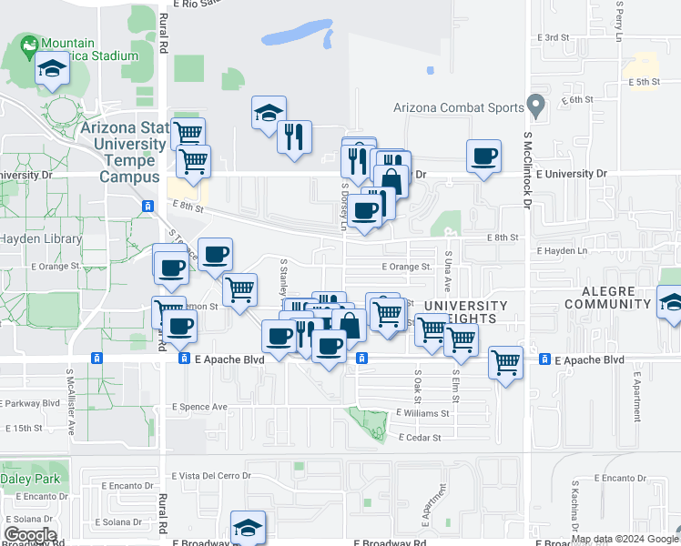 map of restaurants, bars, coffee shops, grocery stores, and more near 912 South Dorsey Lane in Tempe
