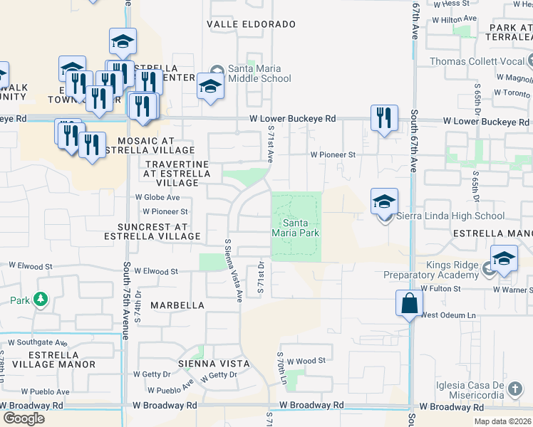 map of restaurants, bars, coffee shops, grocery stores, and more near 7124 West Pioneer Street in Phoenix