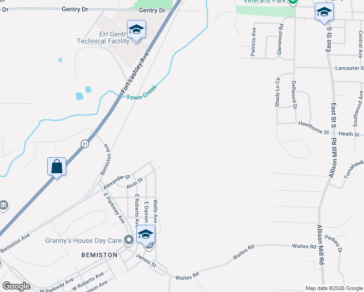 map of restaurants, bars, coffee shops, grocery stores, and more near 402 Alexander Street in Talladega