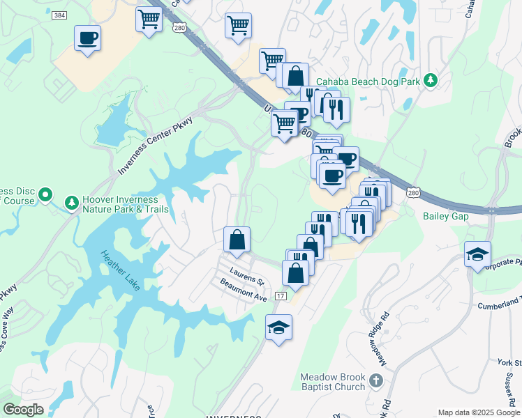 map of restaurants, bars, coffee shops, grocery stores, and more near 235 Inverness Center Drive in Birmingham