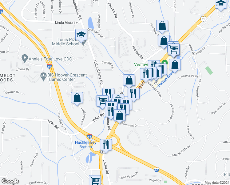 map of restaurants, bars, coffee shops, grocery stores, and more near 1710 Vestawood Court in Vestavia Hills