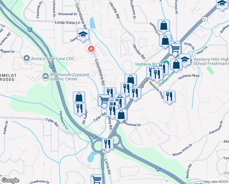 map of restaurants, bars, coffee shops, grocery stores, and more near 1710 Vestawood Court in Vestavia Hills