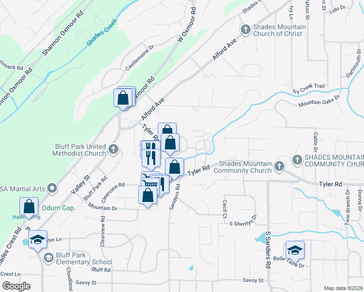map of restaurants, bars, coffee shops, grocery stores, and more near 1608 Huckleberry Lane in Hoover
