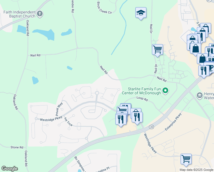 map of restaurants, bars, coffee shops, grocery stores, and more near 2021 Parador Bend in McDonough