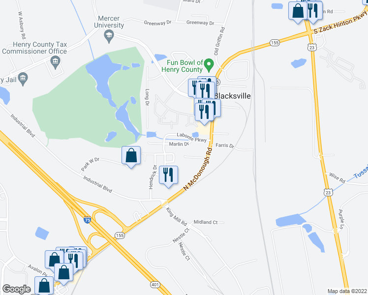 map of restaurants, bars, coffee shops, grocery stores, and more near 2245 Marlin Drive in McDonough