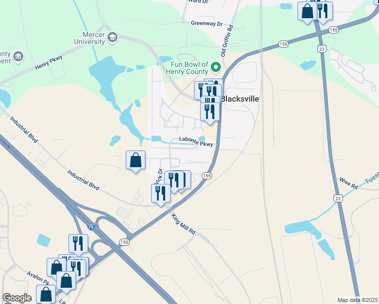 map of restaurants, bars, coffee shops, grocery stores, and more near 2155 Marlin Drive in McDonough