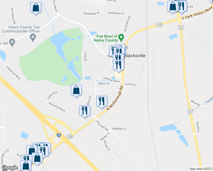 map of restaurants, bars, coffee shops, grocery stores, and more near 2255 Marlin Drive in McDonough