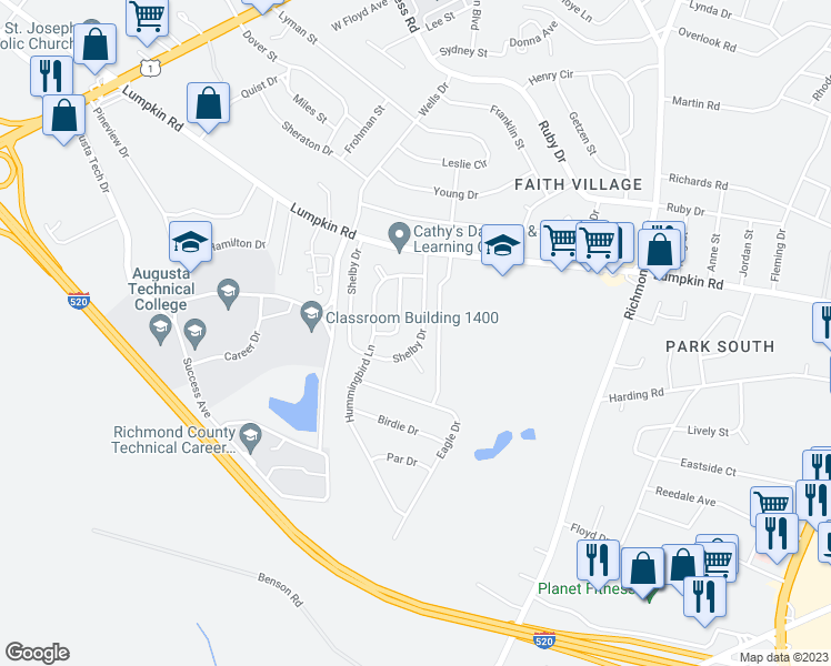 map of restaurants, bars, coffee shops, grocery stores, and more near 2927 Shelby Drive in Augusta