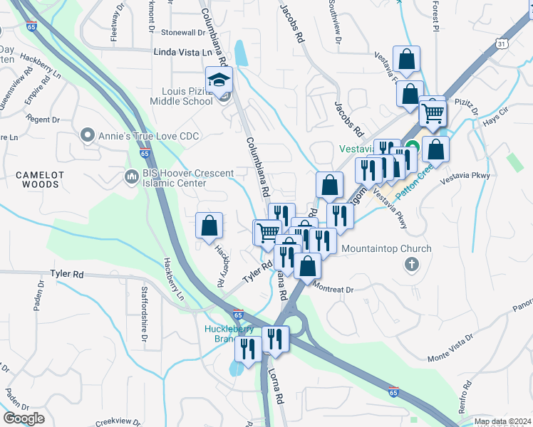 map of restaurants, bars, coffee shops, grocery stores, and more near 2928 Columbiana Road in Vestavia Hills