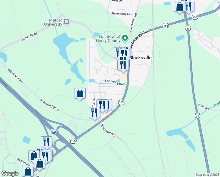 map of restaurants, bars, coffee shops, grocery stores, and more near 2305 Marlin Drive in McDonough
