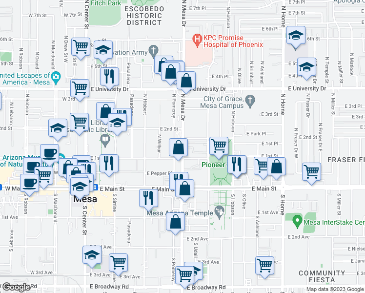 map of restaurants, bars, coffee shops, grocery stores, and more near 164 North Mesa Drive in Mesa