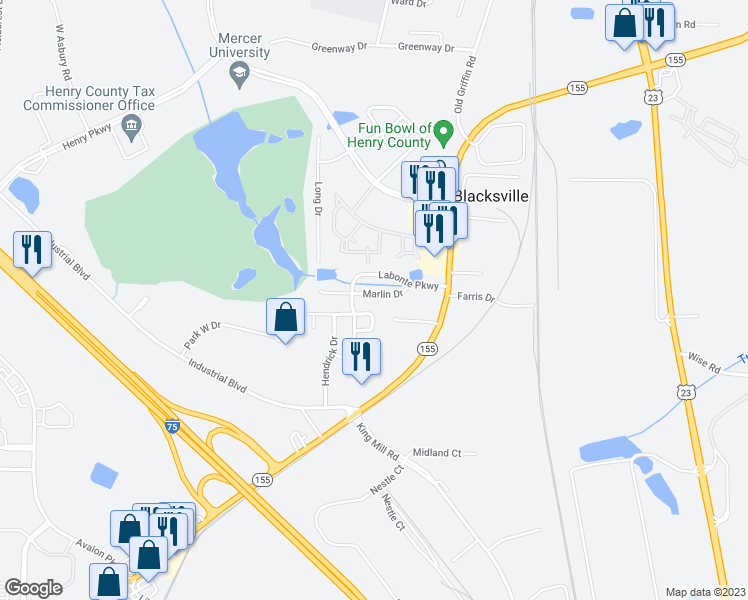 map of restaurants, bars, coffee shops, grocery stores, and more near 2425 Marlin Drive in McDonough