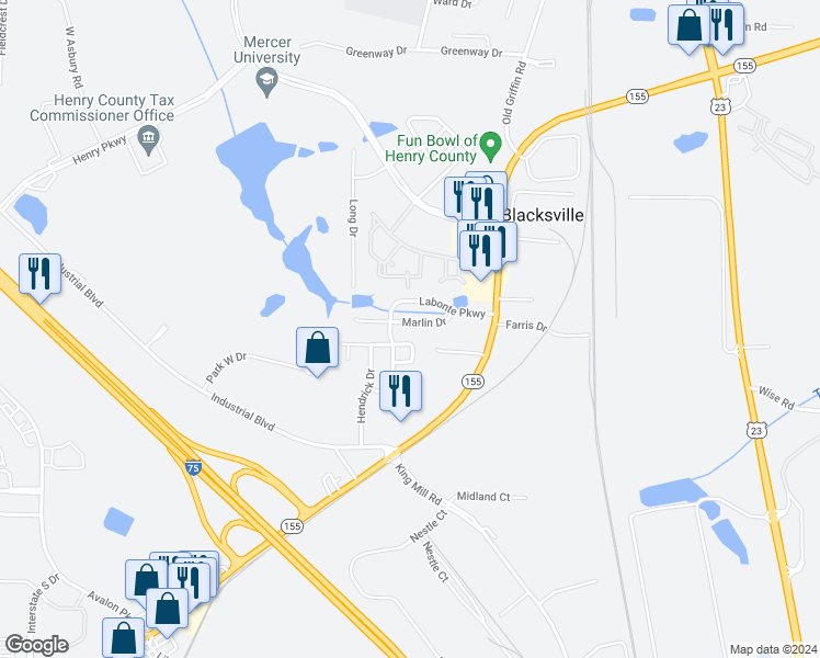 map of restaurants, bars, coffee shops, grocery stores, and more near 2445 Marlin Drive in McDonough