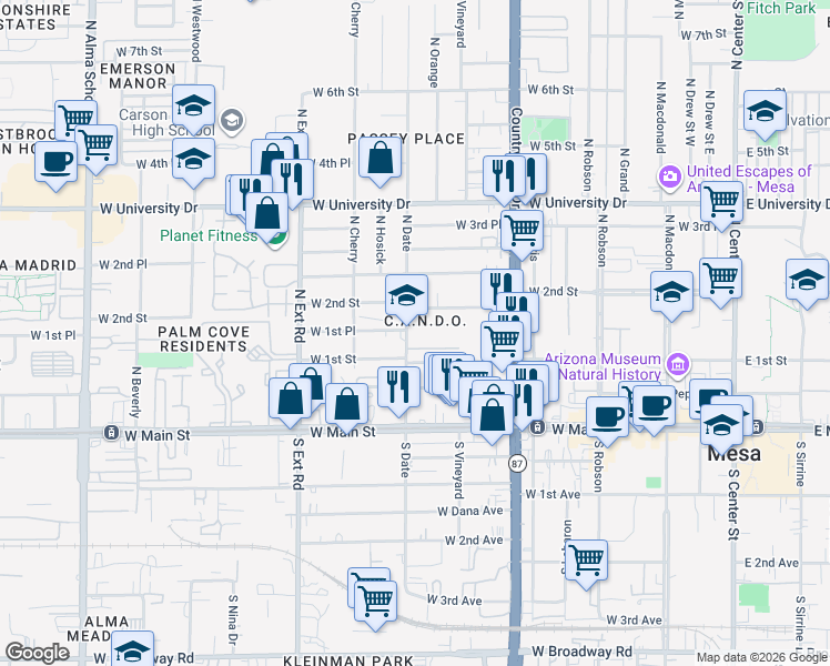 map of restaurants, bars, coffee shops, grocery stores, and more near 141 North Date in Mesa
