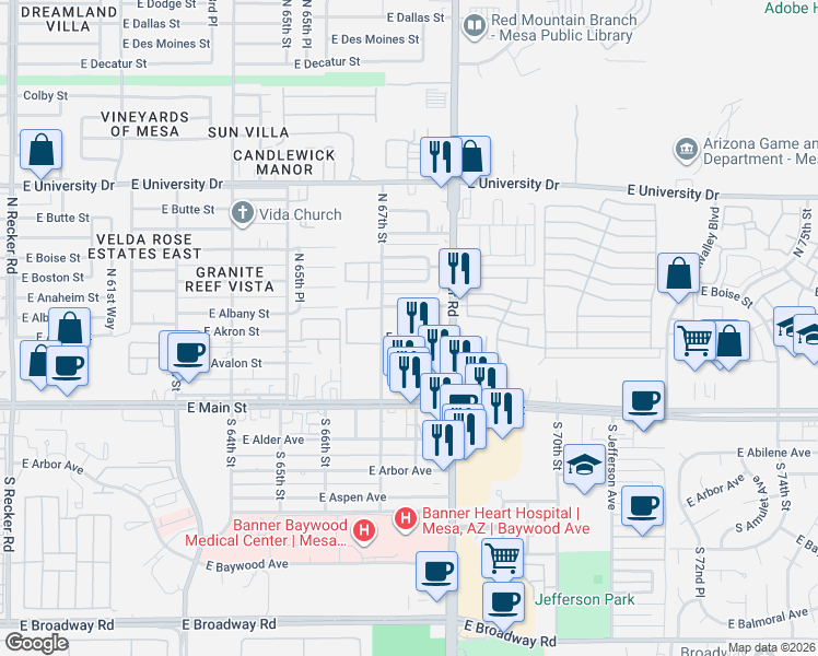 map of restaurants, bars, coffee shops, grocery stores, and more near 6751 East Albany Street in Mesa