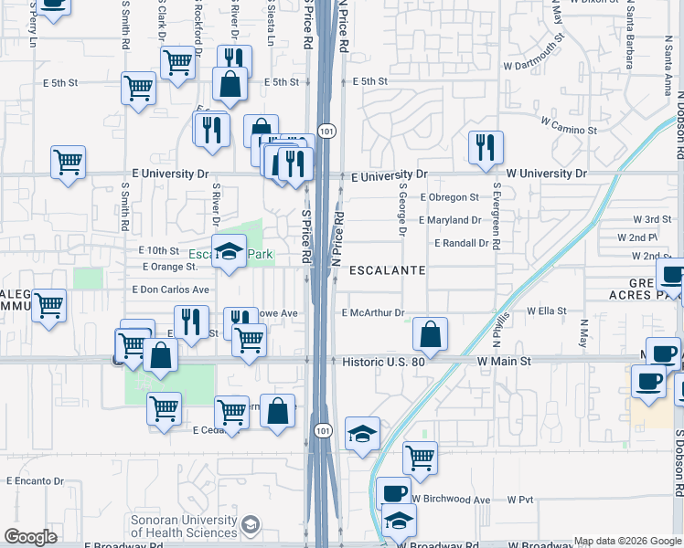 map of restaurants, bars, coffee shops, grocery stores, and more near 2224 East Victory Drive in Tempe