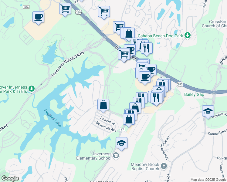 map of restaurants, bars, coffee shops, grocery stores, and more near 235 Inverness Center Drive in Birmingham