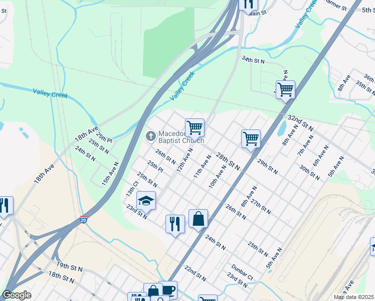 map of restaurants, bars, coffee shops, grocery stores, and more near 1215 27th Street North in Bessemer