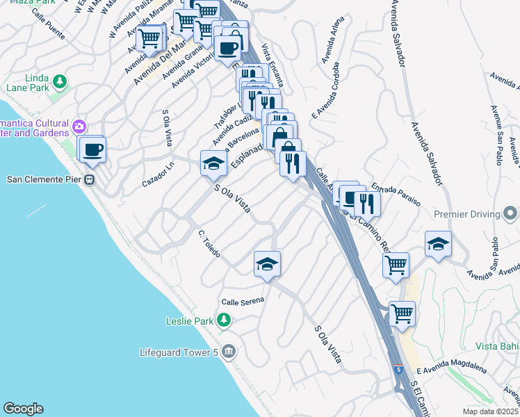map of restaurants, bars, coffee shops, grocery stores, and more near 131 West Avenida Cordoba in San Clemente