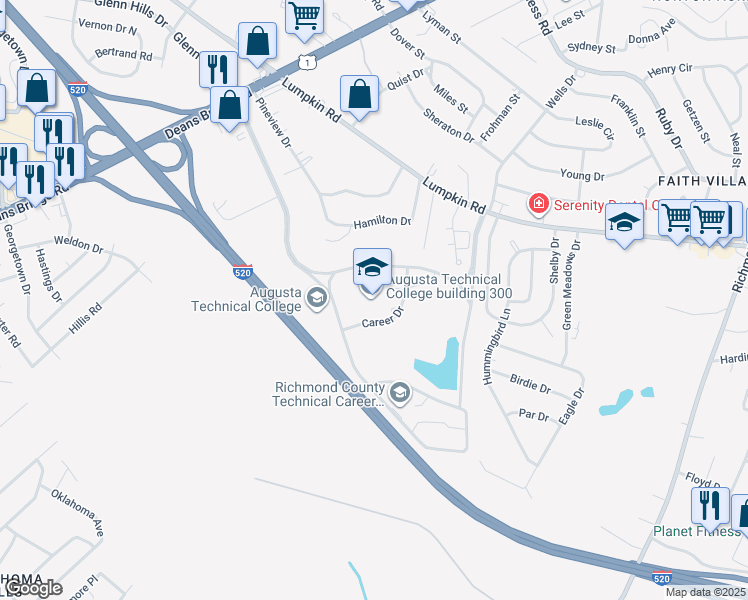 map of restaurants, bars, coffee shops, grocery stores, and more near 3200 Augusta Tech Drive in Augusta