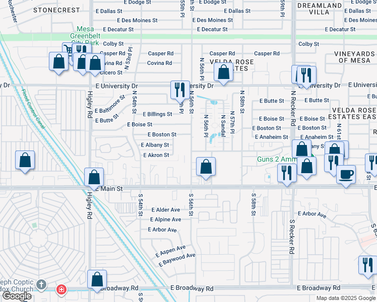 map of restaurants, bars, coffee shops, grocery stores, and more near 130 North 56th Street in Mesa