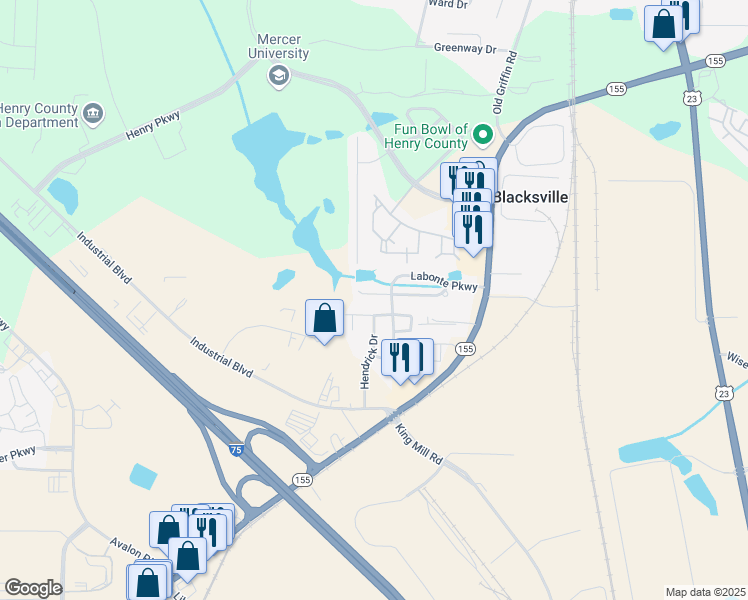 map of restaurants, bars, coffee shops, grocery stores, and more near 2715 Marlin Drive in McDonough
