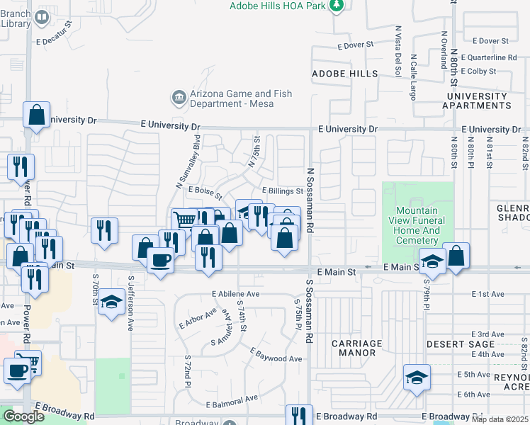 map of restaurants, bars, coffee shops, grocery stores, and more near 145 North 74th Street in Mesa