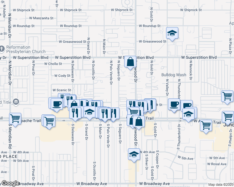 map of restaurants, bars, coffee shops, grocery stores, and more near 411 North Saguaro Drive in Apache Junction