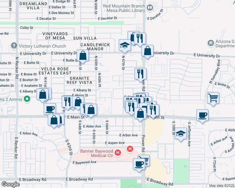 map of restaurants, bars, coffee shops, grocery stores, and more near 124 North 67th Street in Mesa