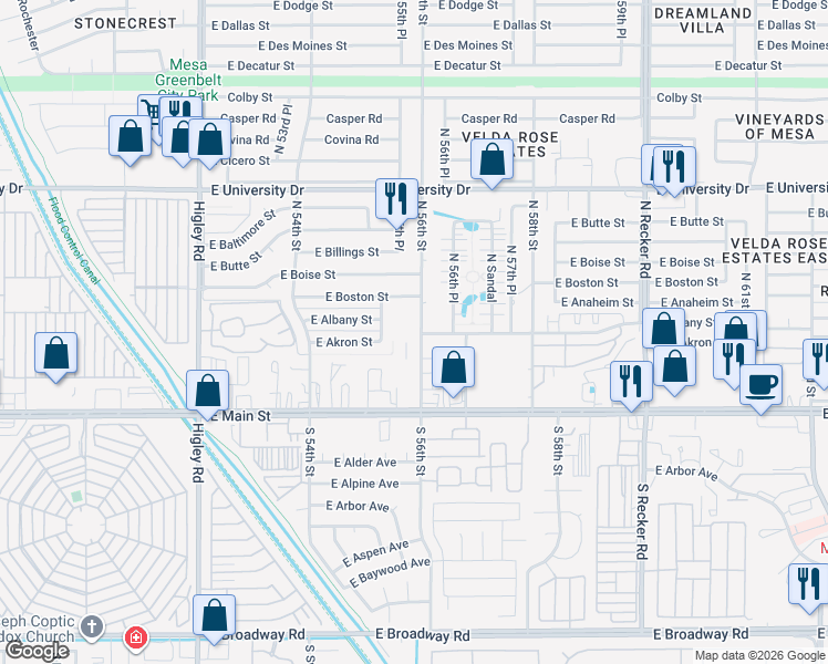 map of restaurants, bars, coffee shops, grocery stores, and more near 130 North 56th Street in Mesa