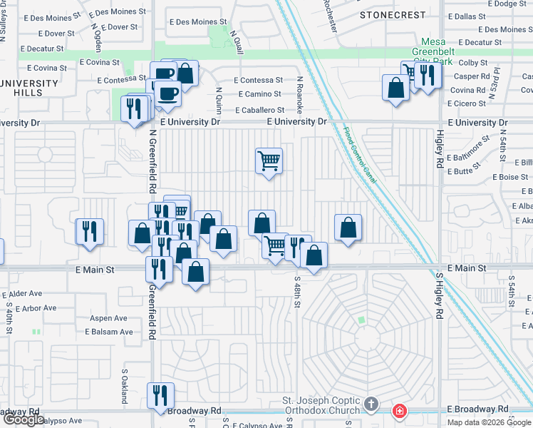 map of restaurants, bars, coffee shops, grocery stores, and more near Mobile Home Park in Mesa