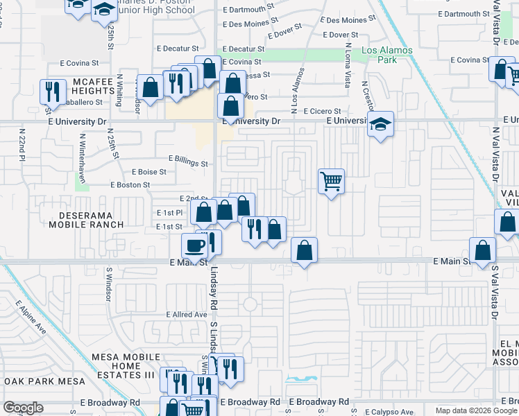 map of restaurants, bars, coffee shops, grocery stores, and more near Mobile Home Park in Mesa