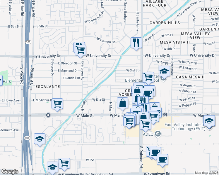 map of restaurants, bars, coffee shops, grocery stores, and more near 2220 West Dora Street in Mesa
