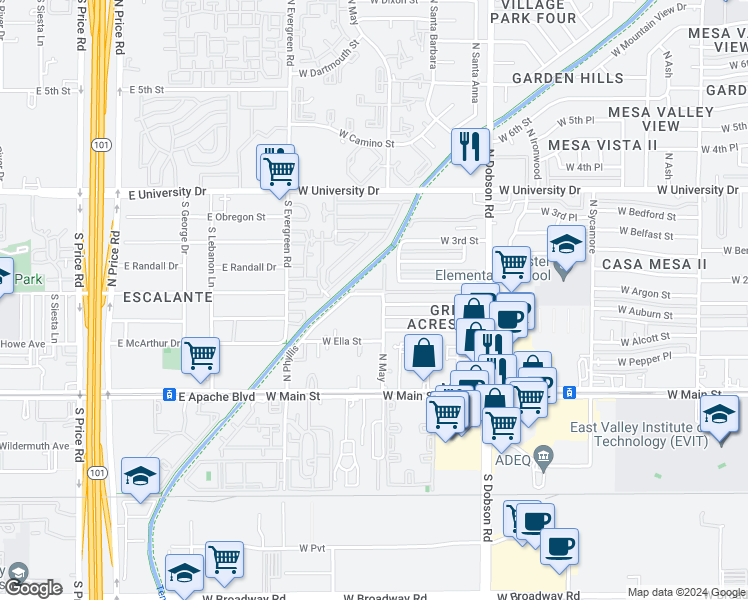 map of restaurants, bars, coffee shops, grocery stores, and more near 2220 West Dora Street in Mesa